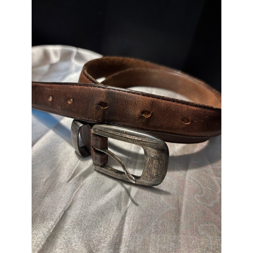 Vintage Brown Leather Western Belt Silver Engraved Buckle Metal Tip 39 Inch